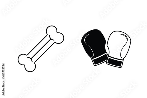 Bone and boxing gloves black and white icons representing dog fight or competition