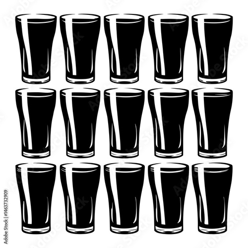 Fifteen Beer Glasses Arranged in a Pattern, Black and White Illustration