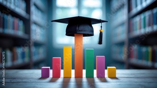 International higher education program for graduates, showcasing a black graduation cap on a growing bar graph to depict students' hard work towards future career goals