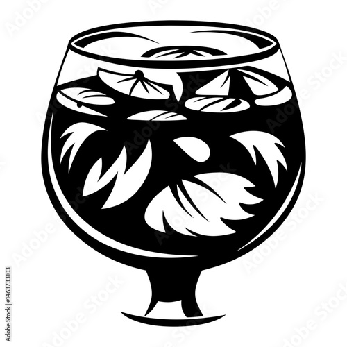 Black and white illustration of liquor glass with stylized leaves swirling inside