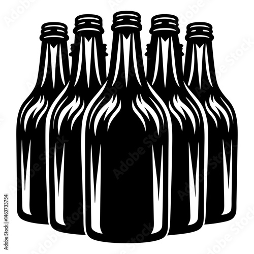 Five stylized bottles of beer in a black and white graphic