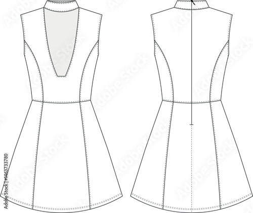 high neck turtleneck keyhole neck princess darted tailored sleeveless  zippered denim jean short mini a line dress template technical drawing flat sketch cad mockup fashion woman design style model 

