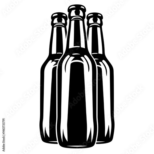 Three beer bottles stand together in bold monochrome illustration style