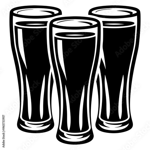 Three black and white illustrated glasses filled with a dark liquid