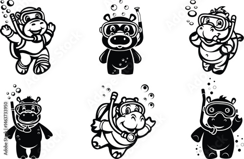 Cartoon style hippo wearing a snorkeling mask and snorkel high quality silhouette vector illustration, cartoon hippo wearing a snorkeling mask and snorkel line art vector design set