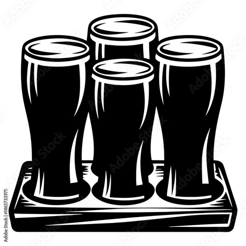 Monochrome Beer Flight Illustration Featuring Four Glasses on a Wood Tray