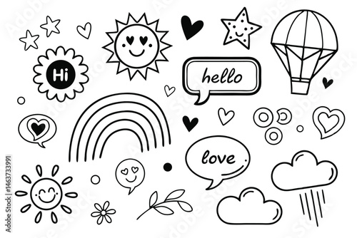 Whimsical Doodle Collection: A charming array of hand-drawn illustrations showcasing a cheerful sun, radiant stars, gentle clouds, a vibrant rainbow, and delicate floral elements.
