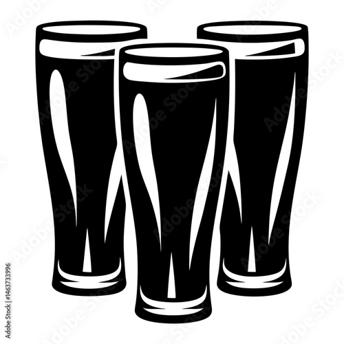 Three pint glasses of dark liquid, drawn in graphic black and white style