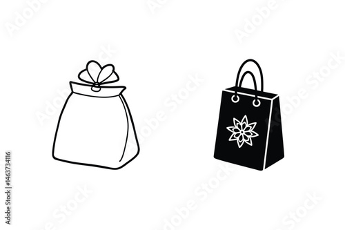 Black and white gift bags with flower ornament and bow simple outline illustration