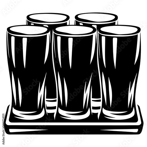 Five stout glasses on a serving tray artfully rendered in black and white