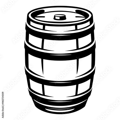 A striking black and white illustration of a traditional wooden barrel