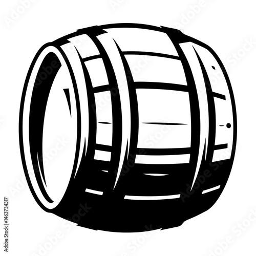 Stylized Black and White Illustration of a Wooden Barrel on a White Background