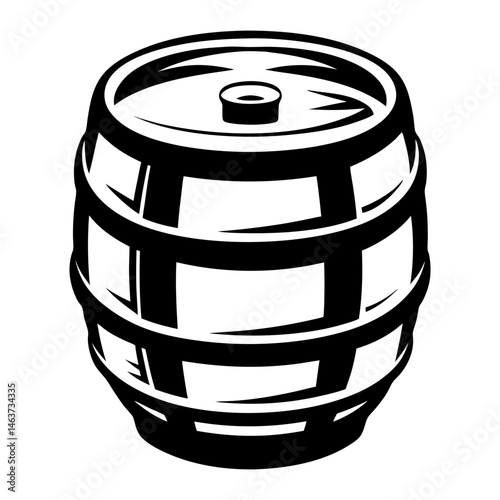Monochrome illustration of a wooden barrel with bands and a circular top