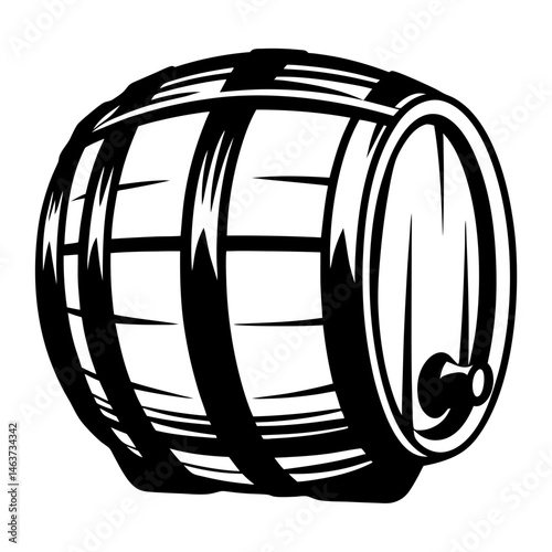 Monochrome Illustration of a Wooden Barrel with a Spigot, Vintage Style