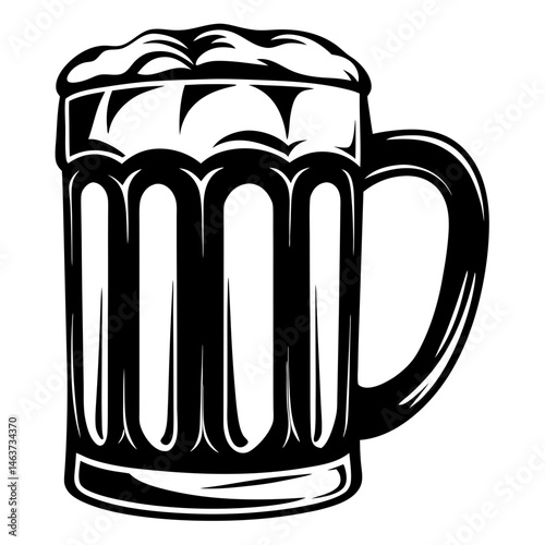 Monochrome illustration of a beer mug with foamy head isolated on white
