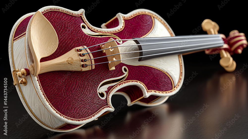 Obraz premium Elegant, burgundy and cream miniature violin resting on reflective surface. Detailed close-up