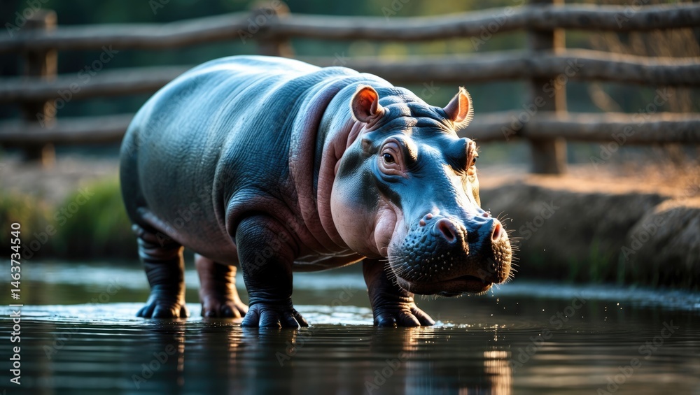 Fototapeta premium Little charming hippopotamus approaches pond for hydration