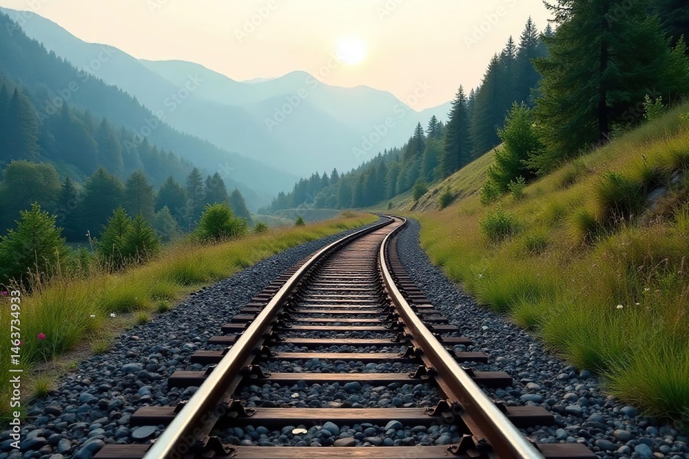 Fototapeta premium Elegant train track curving through scenic landscape, beautiful, tranquility