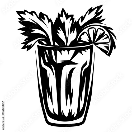 Stylized Bloody Mary illustration in black and white with lemon and celery