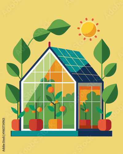 As the seasons change a solarpowered greenhouse adjusts to maintain the ideal temperature for a variety of plants ensuring a yearround harvest.. Vector illustration