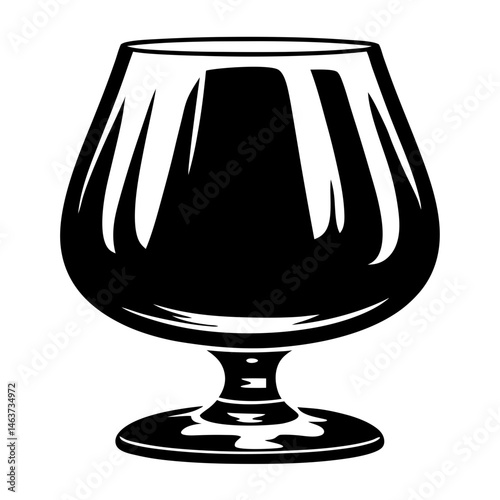 Simple stylized cognac glass illustration in black and white with reflections