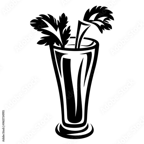 Artistic black and white vector illustration of celery stalks in a glass