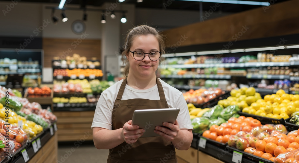 Obraz premium Smiling young woman with Down syndrome working in grocery store. Female employee with tablet in produce section. Inclusion and diversity concept. World Down Syndrome Day.