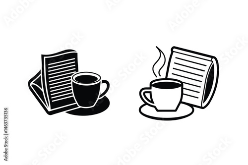 Black and white illustration of coffee cup with newspaper and hot beverage vapor