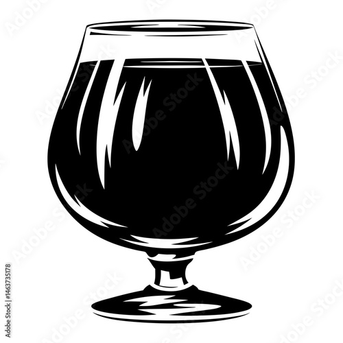 Monochrome illustration of a glass of dark liquor on a white background