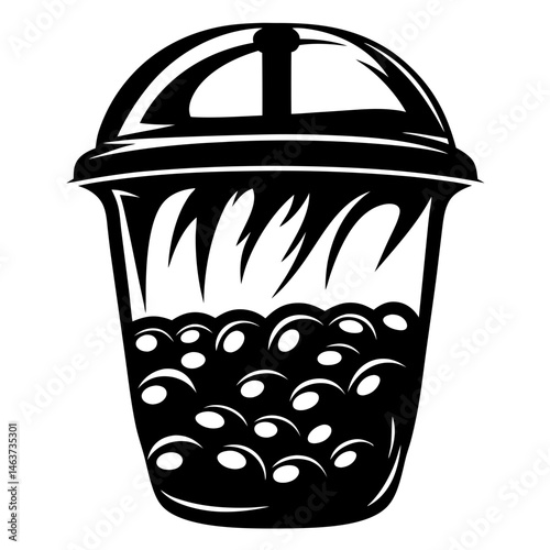 Stylized Black and White Illustration of Bubble Tea in a Plastic Cup
