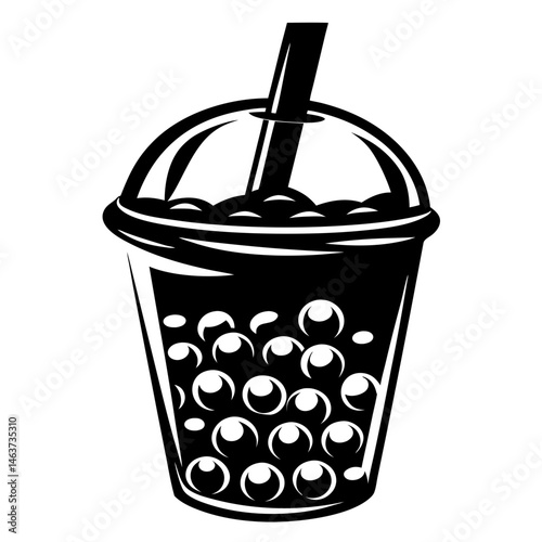 Monochrome Drawing of Boba Drink with Straw and Lid in Tall Glass