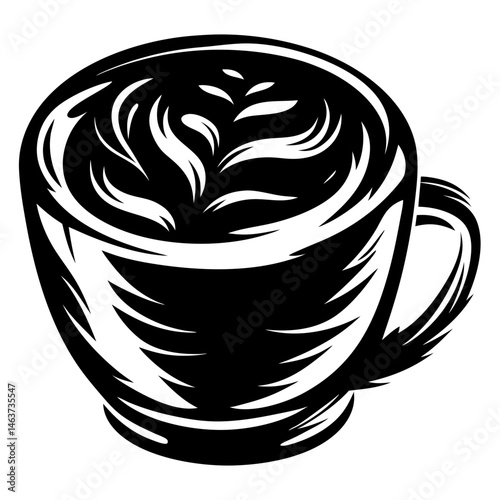 Monochrome vector illustration of a coffee cup with latte art design