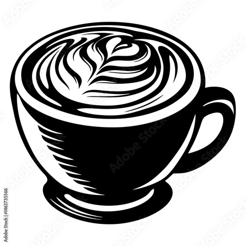 Intricate latte art in a coffee cup in a bold black design