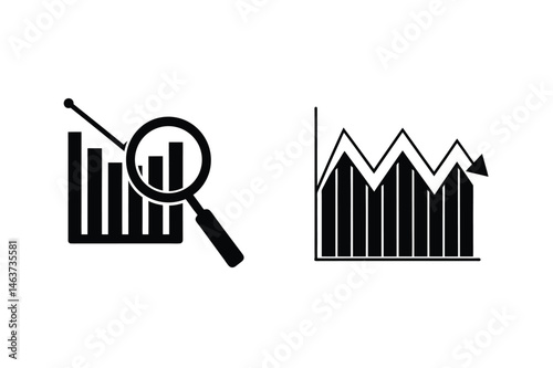 Financial analysis with increasing and decreasing bar graphs with a magnifying glass icon