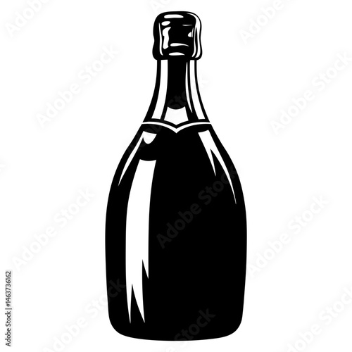 Bold and Sleek Black and White Champagne Bottle Silhouette Illustration