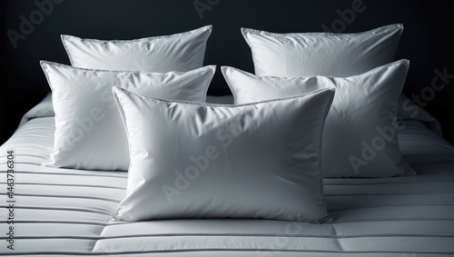 Set of multiple white pillows on a plush bed
