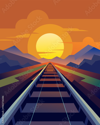 As the sun set on the horizon the solar panels on the train tracks continued to power the trains lights and engines through the night ensuring a safe and ecofriendly journey.. Vector illustration
