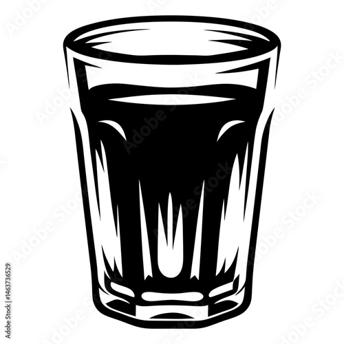 Stylized black and white illustration of a faceted glass filled with liquid
