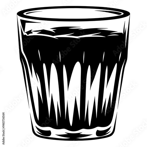 Monochrome vector image of a faceted glass filled with a dark liquid