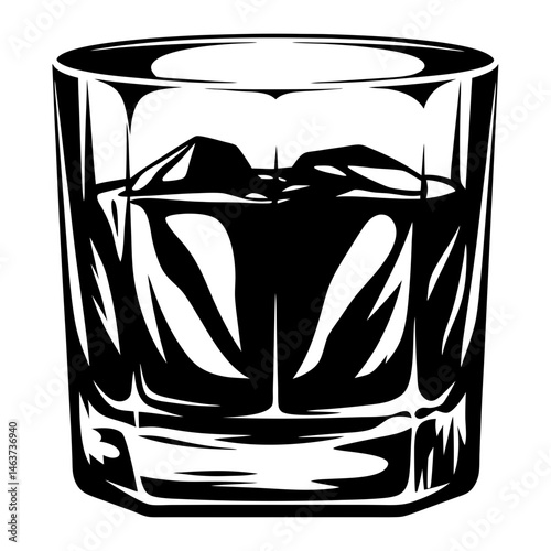 Monochrome illustration of a rocks glass filled with ice and liquid