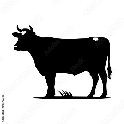 Black cow silhouette standing on grass isolated on white background