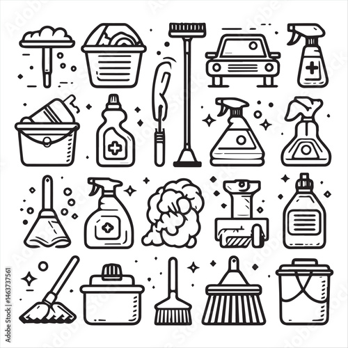 Editable set of vector clip art elements of cleaning supplies and equipment