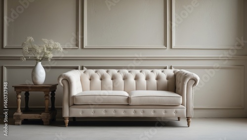 Chic beige loveseat featuring button-tufted design against a soft pastel wall, complemented by a rustic wooden side table with white flowers for a sophisticated and cozy interior look.