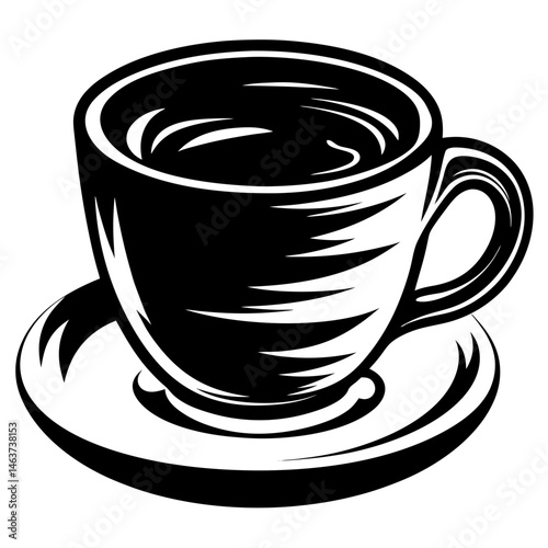 A sleek black and white graphic of a coffee cup on saucer