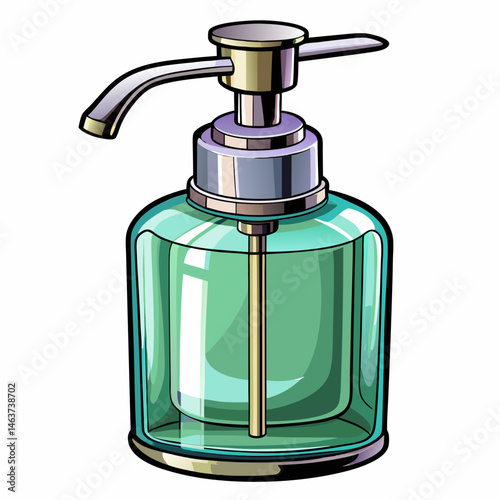 A vector illustration of a glass soap dispenser with metal pump, isolated on a white background