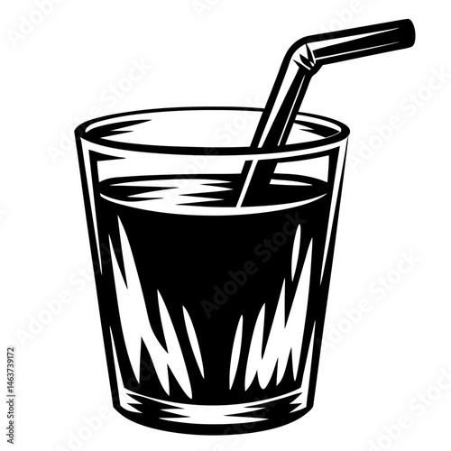 Monochrome illustration of a glass with beverage and straw for drinking
