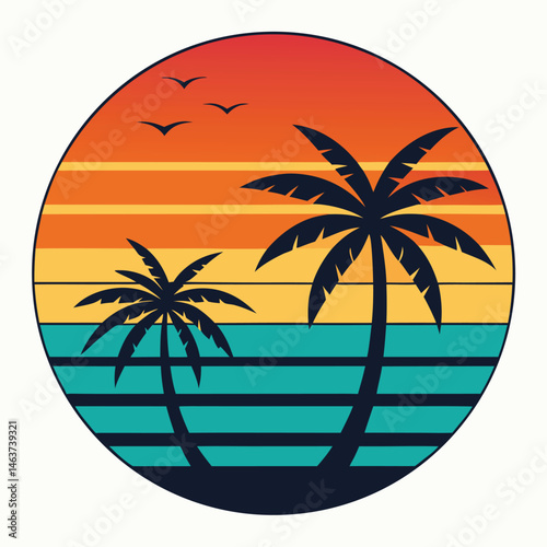 Tropical beach sunset with palm tree silhouettes