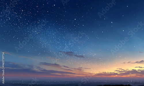 Evening landscape featuring a starry night sky with hues of blue, orange, and pink, clouds