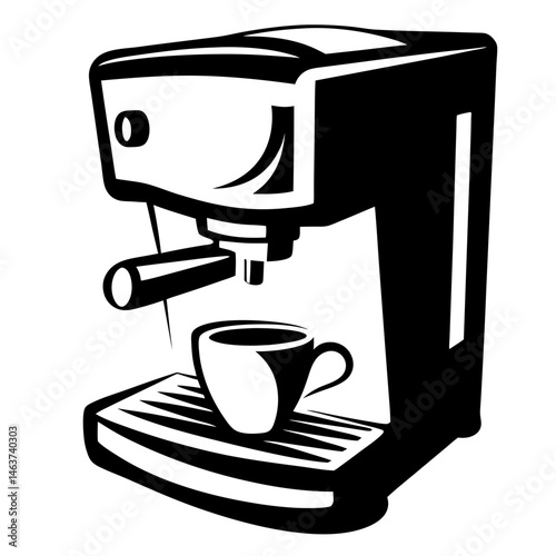 Stylized black and white image of an espresso machine with coffee cup