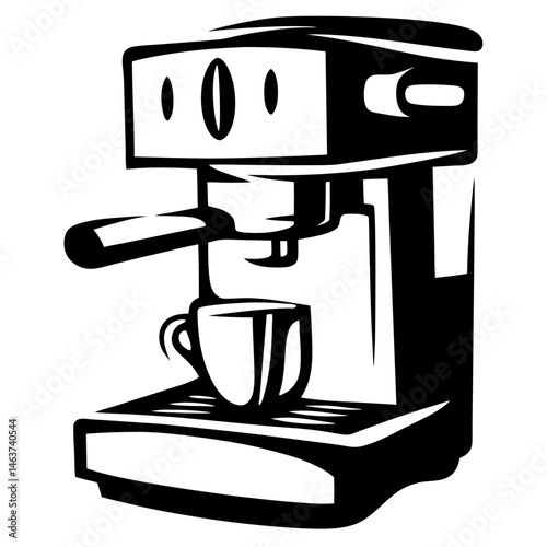 Stylized Black and White Illustration of a Coffee Maker with Coffee Cup